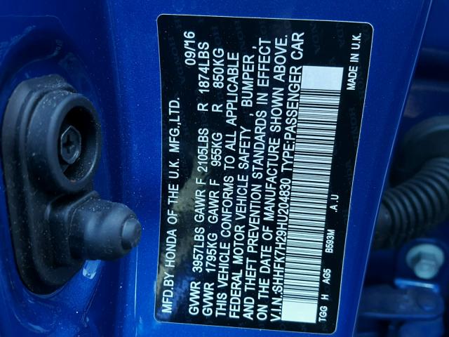 SHHFK7H29HU204830 - 2017 HONDA CIVIC BLUE photo 10