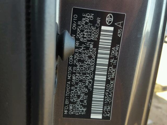 JTKJF5C74B3004524 - 2011 TOYOTA SCION TC 灰色 照片 10