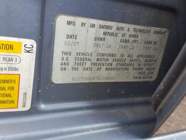 KL1TD56687B159249 - 2007 CHEVROLET AVEO BASE Көк фото 10