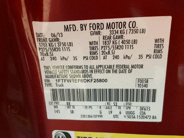 1FTFW1EF6DKF25800 - 2013 FORD F150 SUPER RED photo 10