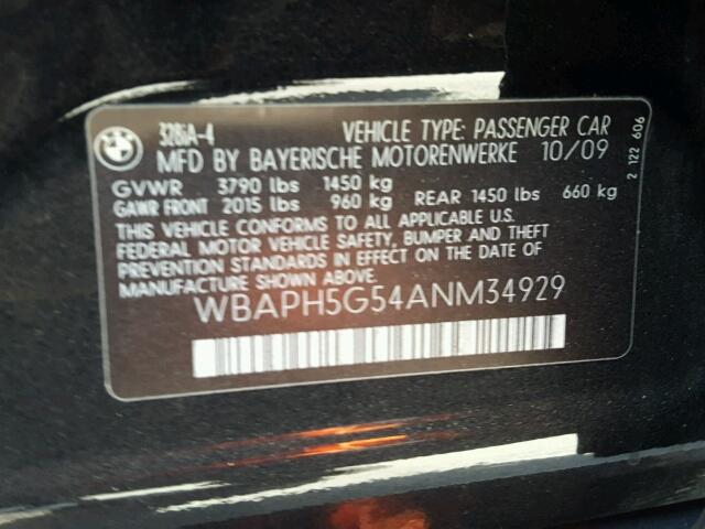 WBAPH5G54ANM34929 - 2010 BMW 328 I SULE BLACK photo 10