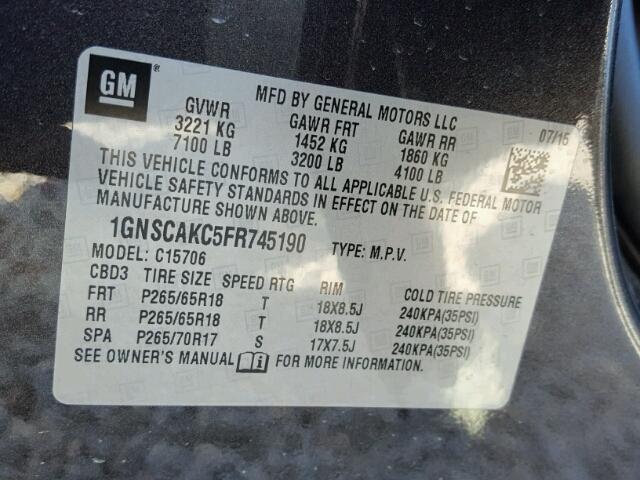 1GNSCAKC5FR745190 - 2015 CHEVROLET TAHOE CHARCOAL photo 10