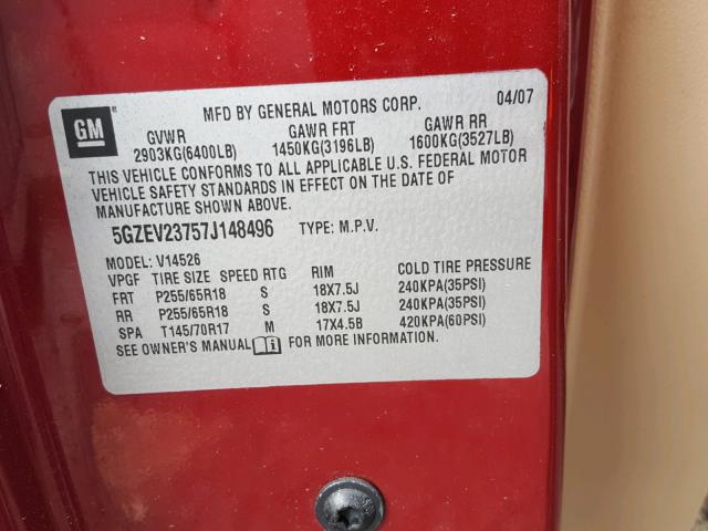 5GZEV23757J148496 - 2007 SATURN OUTLOOK XR წითელი ფოტო 10