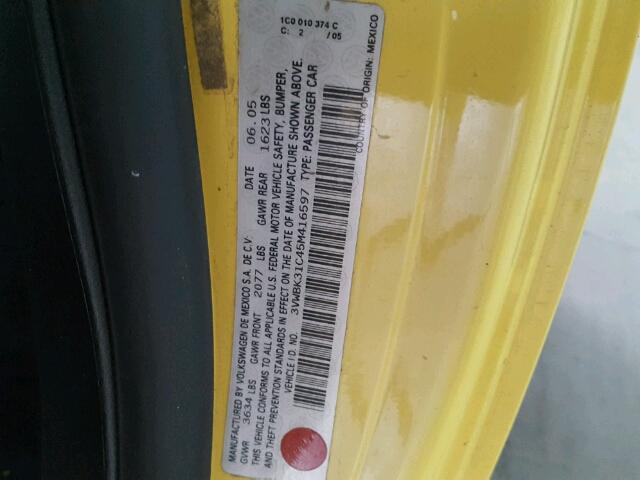 3VWBK31C45M416597 - 2005 VOLKSWAGEN NEW BEETLE ყვითელი ფოტო 10