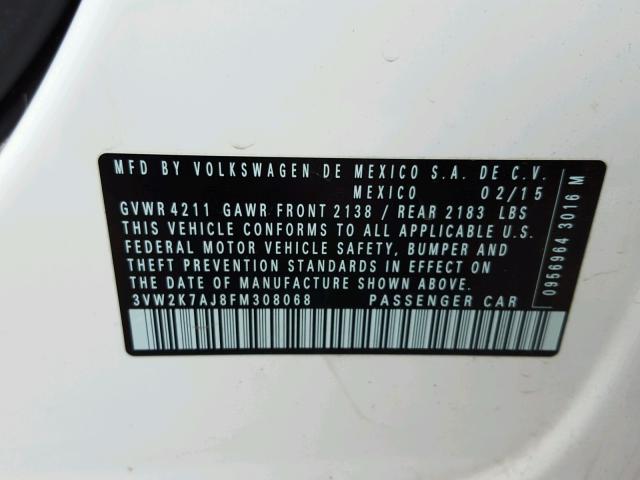 3VW2K7AJ8FM308068 - 2015 VOLKSWAGEN JETTA BASE WHITE photo 10