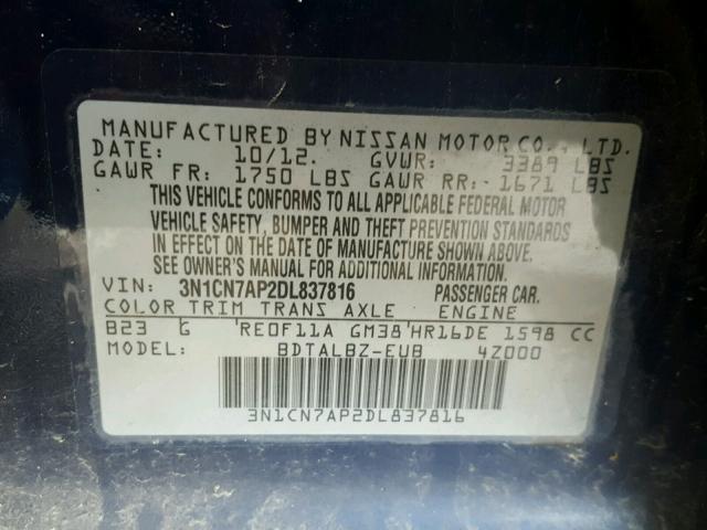 3N1CN7AP2DL837816 - 2013 NISSAN VERSA S BLUE photo 10