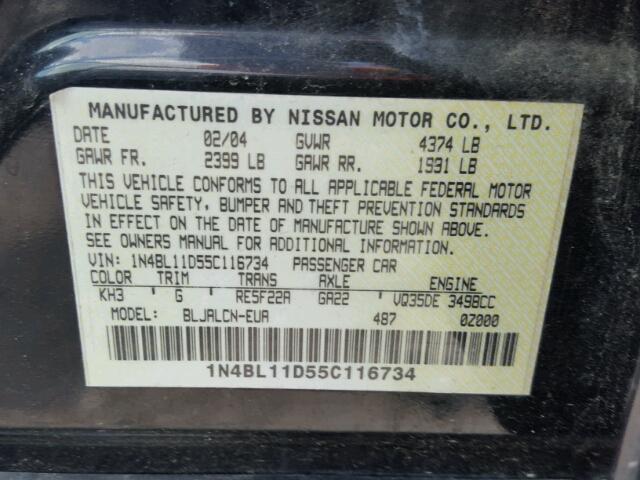 1N4BL11D55C116734 - 2005 NISSAN ALTIMA SE BLACK photo 10