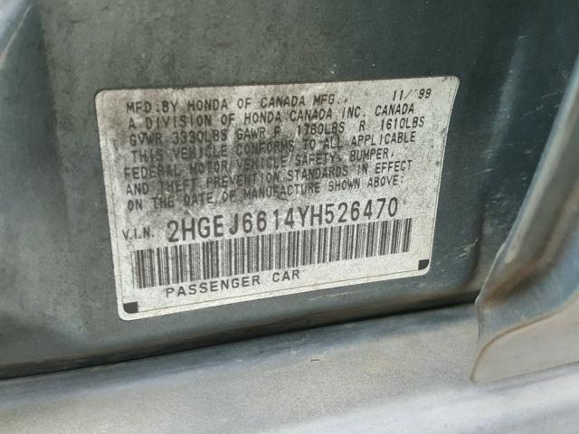 2HGEJ6614YH526470 - 2000 HONDA CIVIC BASE 蓝色 照片 10