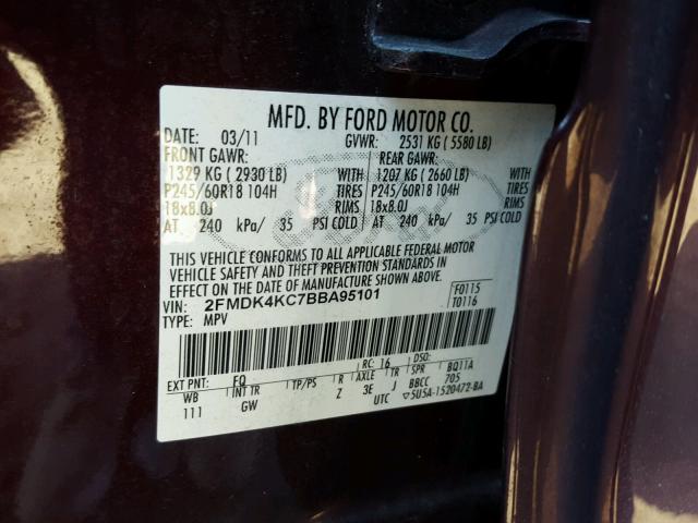 2FMDK4KC7BBA95101 - 2011 FORD EDGE LIMIT PURPLE photo 10