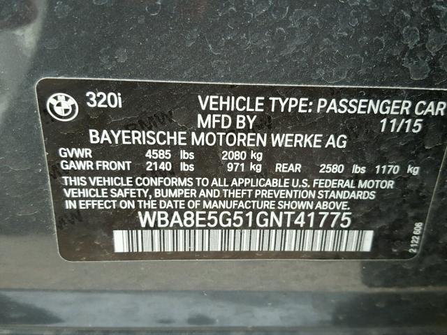 WBA8E5G51GNT41775 - 2016 BMW 320 XI GRAY photo 10