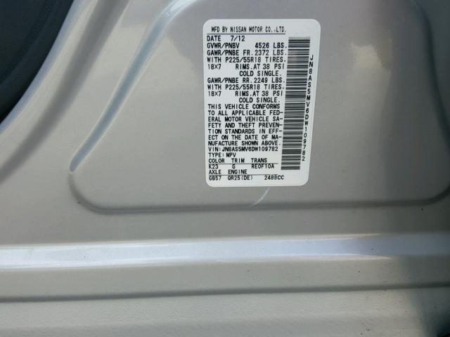 JN8AS5MV6DW109782 - 2013 NISSAN ROGUE S SILVER photo 10