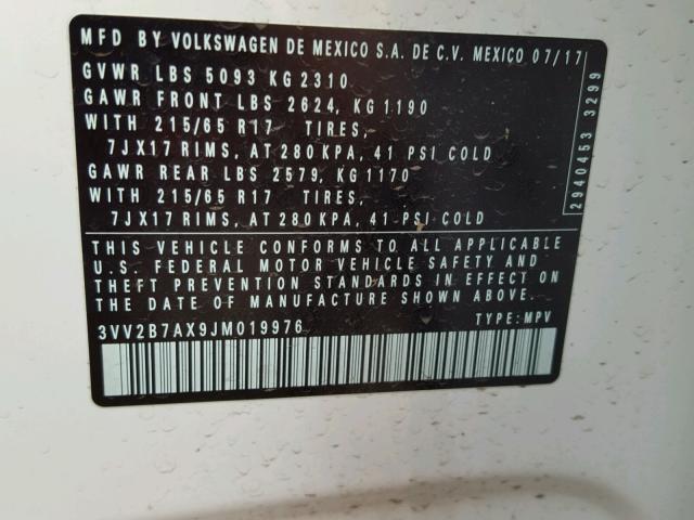 3VV2B7AX9JM019976 - 2018 VOLKSWAGEN TIGUAN SE Білий фото 10