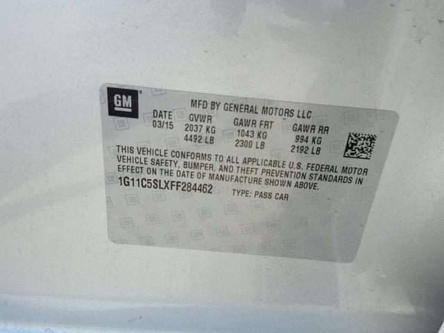 1G11C5SLXFF284462 - 2015 CHEVROLET MALIBU 1LT ვერცხლისფერი ფოტო 10