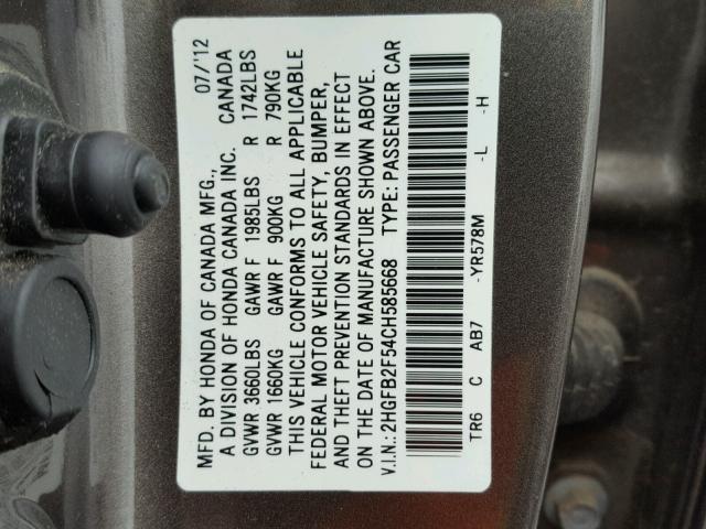 2HGFB2F54CH585668 - 2012 HONDA CIVIC BROWN photo 10