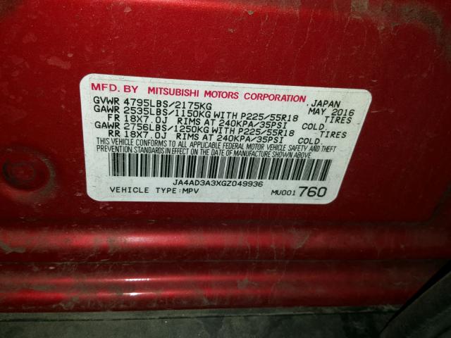 JA4AD3A3XGZ049936 - 2016 MITSUBISHI OUTLANDER RED photo 10