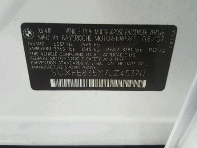 5UXFE835X7LZ45370 - 2007 BMW X5 4.8I WHITE photo 10