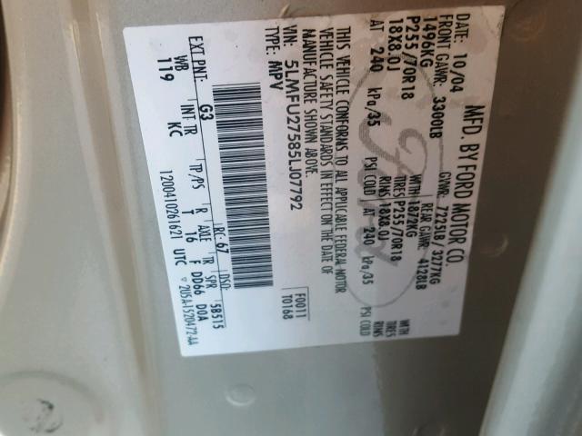 5LMFU27585LJ07792 - 2005 LINCOLN NAVIGATOR BEIGE photo 10