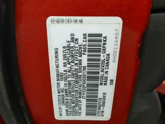 2T1FE22PX3C021790 - 2003 TOYOTA CAMRY SOLA RED photo 10