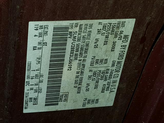 5LMFU28R83LJ06592 - 2003 LINCOLN NAVIGATOR 勃艮第红 照片 10