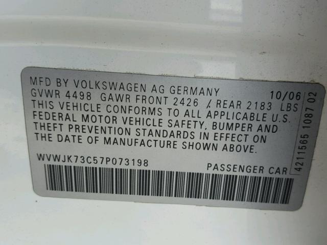 WVWJK73C57P073198 - 2007 VOLKSWAGEN PASSAT WHITE photo 10