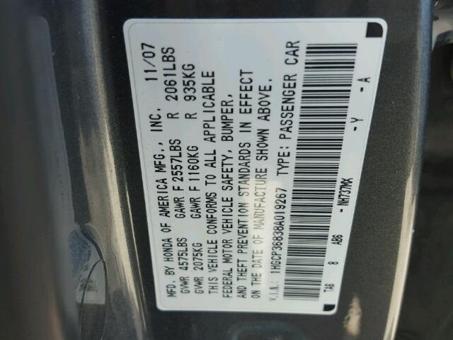 1HGCP36838A019267 - 2008 HONDA ACCORD EXL GRAY photo 10