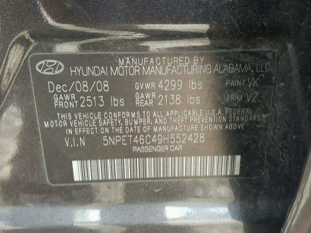 5NPET46C49H552428 - 2009 HYUNDAI SONATA GLS CHARCOAL photo 10