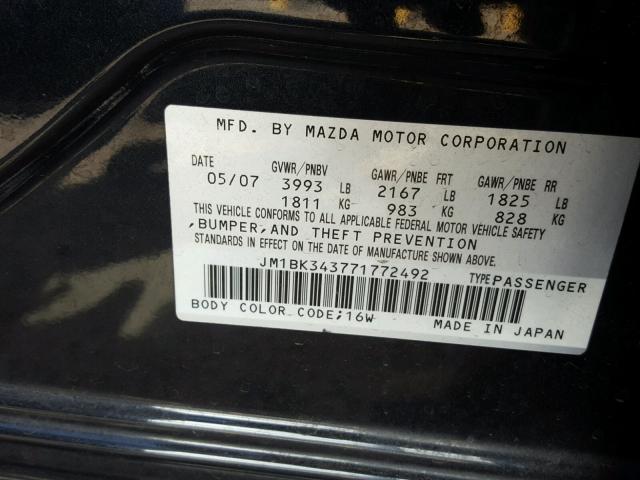 JM1BK343771772492 - 2007 MAZDA 3 HATCHBAC BLACK photo 10