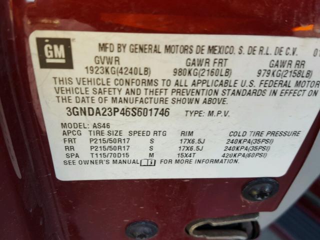 3GNDA23P46S601746 - 2006 CHEVROLET HHR LT MAROON photo 10