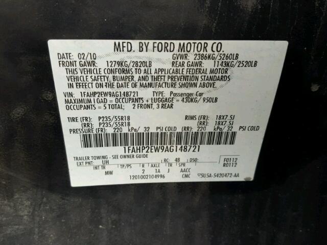 1FAHP2EW9AG148721 - 2010 FORD TAURUS SEL BLACK photo 10