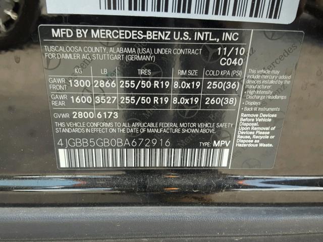 4JGBB5GB0BA672916 - 2011 MERCEDES-BENZ ML 350 BLACK photo 10