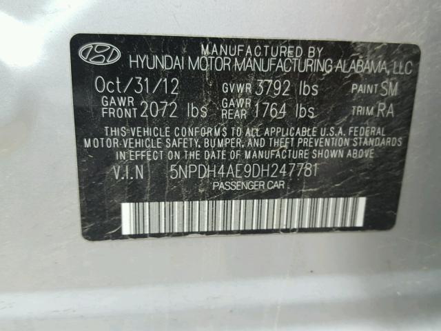 5NPDH4AE9DH247781 - 2013 HYUNDAI ELANTRA GL SILVER photo 10