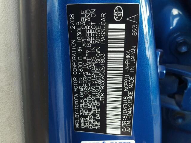 JTDKT903595261803 - 2009 TOYOTA YARIS BLUE photo 10