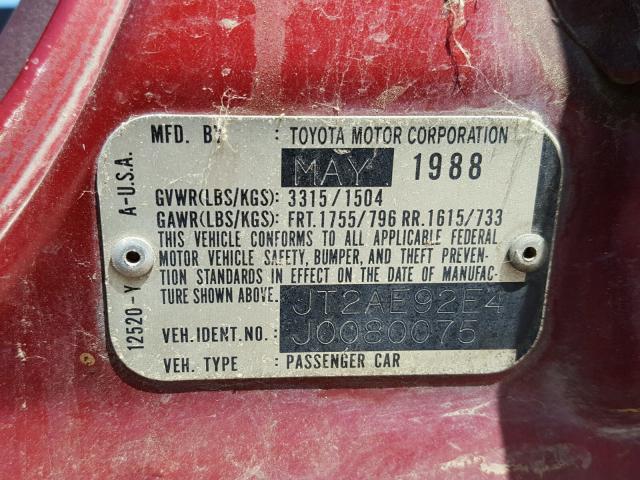 JT2AE92E4J0080075 - 1988 TOYOTA COROLLA DL BURGUNDY photo 10