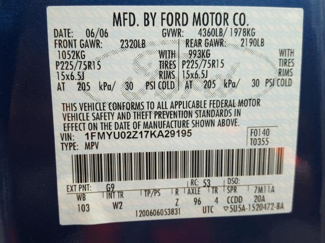 1FMYU02Z17KA29195 - 2007 FORD ESCAPE XLS BLUE photo 10