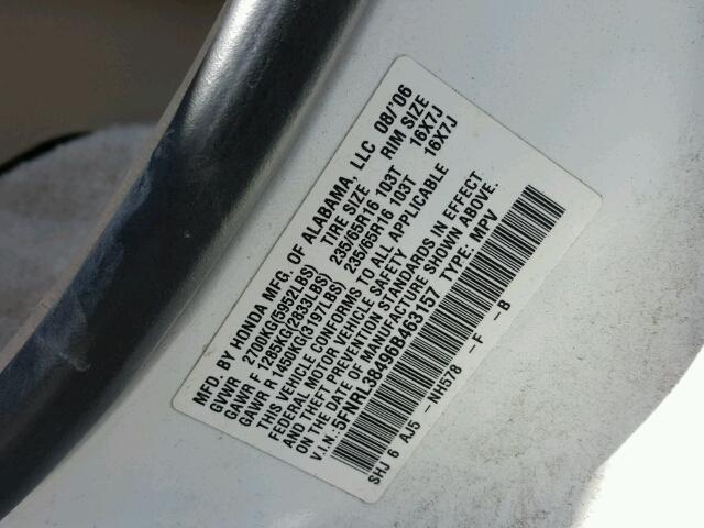 5FNRL38496B463157 - 2006 HONDA ODYSSEY EX WHITE photo 10