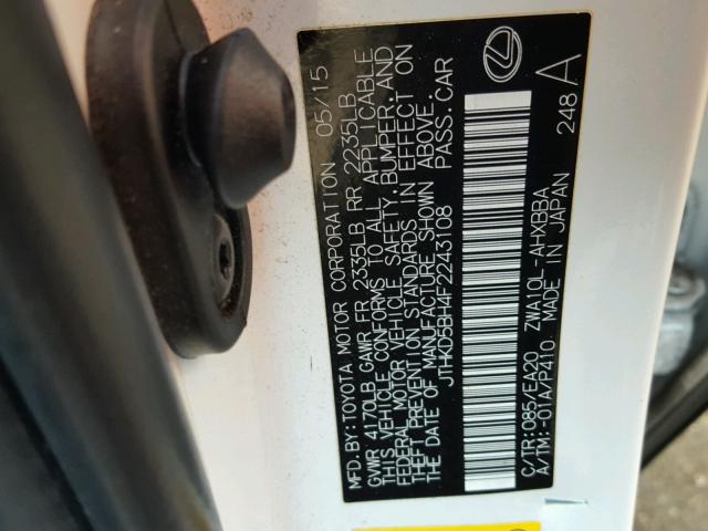 JTHKD5BH4F2243108 - 2015 LEXUS CT 200 WHITE photo 10