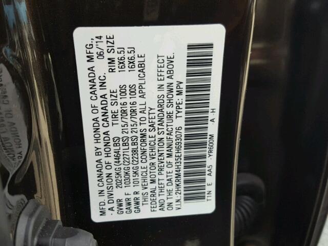 2HKRM4H35EH693076 - 2014 HONDA CR-V LX BLACK photo 10