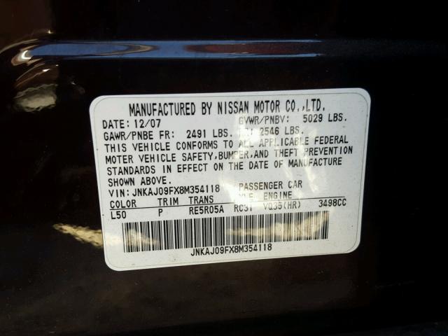 JNKAJ09FX8M354118 - 2008 INFINITI EX35 BASE MAROON photo 10