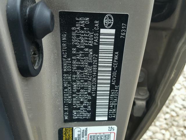 4T1BE32K14U882672 - 2004 TOYOTA CAMRY GOLD photo 10