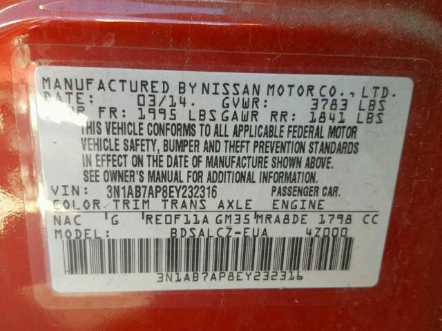 3N1AB7AP8EY232316 - 2014 NISSAN SENTRA S MAROON photo 10