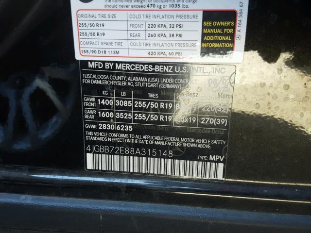 4JGBB72E88A315148 - 2008 MERCEDES-BENZ ML 550 BLACK photo 10