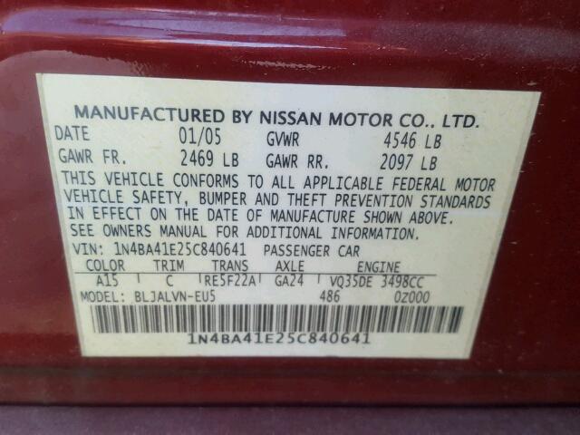 1N4BA41E25C840641 - 2005 NISSAN MAXIMA RED photo 10