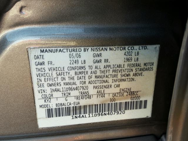 1N4AL11D96N407920 - 2006 NISSAN ALTIMA S GRAY photo 10