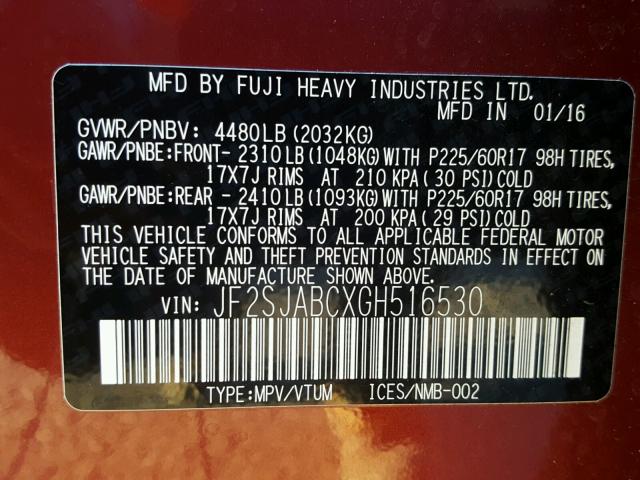 JF2SJABCXGH516530 - 2016 SUBARU FORESTER 2 MAROON photo 10