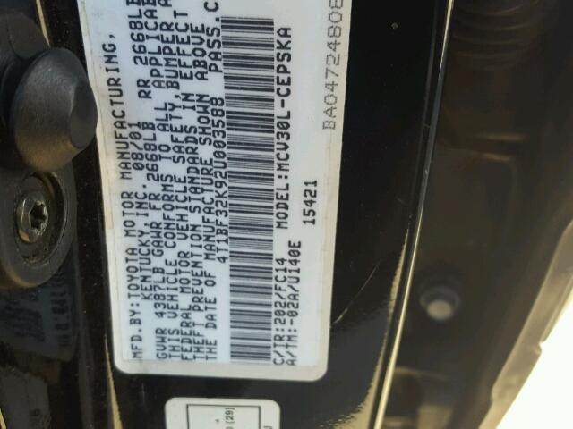 4T1BF32K92U003588 - 2002 TOYOTA CAMRY LE შავი ფოტო 10