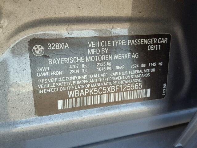 WBAPK5C5XBF125565 - 2011 BMW 328 XI SUL GRAY photo 10