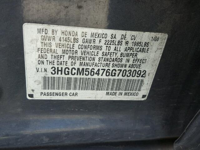 3HGCM56476G703092 - 2006 HONDA ACCORD GRAY photo 10