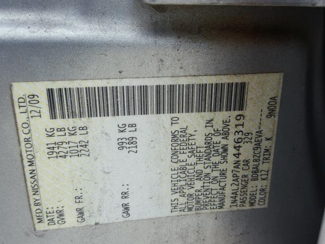 1N4AL2AP7AN446319 - 2010 NISSAN ALTIMA BAS GRAY photo 10