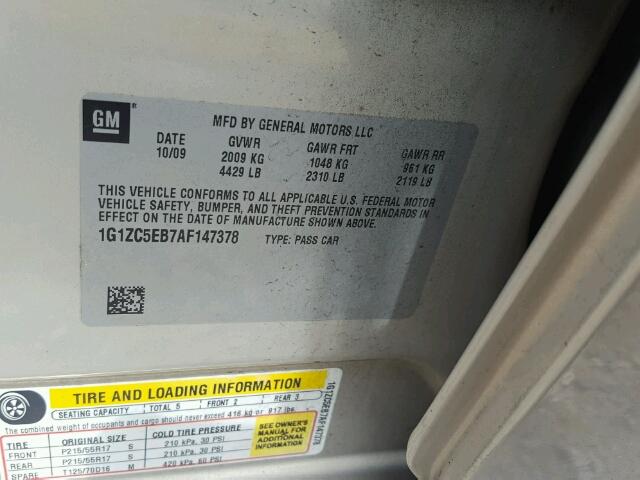 1G1ZC5EB7AF147378 - 2010 CHEVROLET MALIBU 1LT TAN photo 10