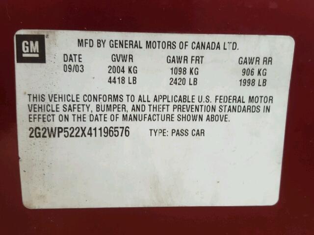 2G2WP522X41196576 - 2004 PONTIAC GRAND PRIX BURGUNDY photo 10